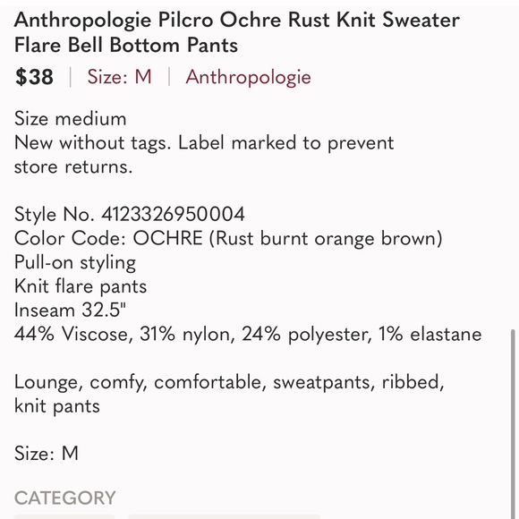 Anthropologie Pilcro Knit Sweater Flare Bell Bottom Pants Ochre Rust - Picture 9 of 10